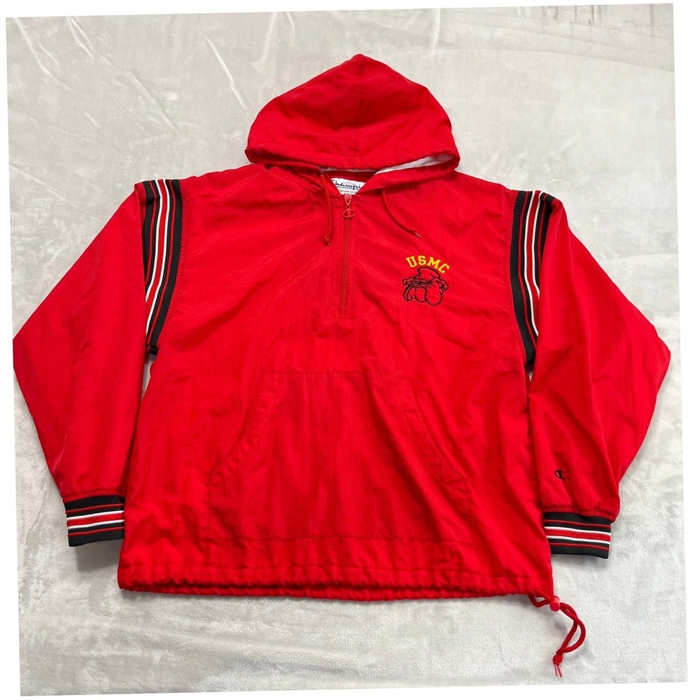 Champion USMC Bulldog Pullover Men Medium Red Lined Hooded Windbreaker Jacket